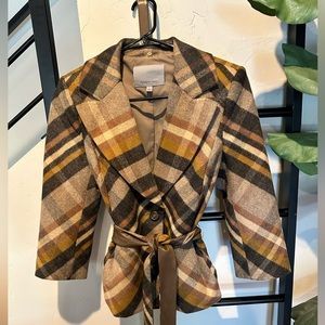 Cropped plaid mini peacoat with brown pleather waist tie